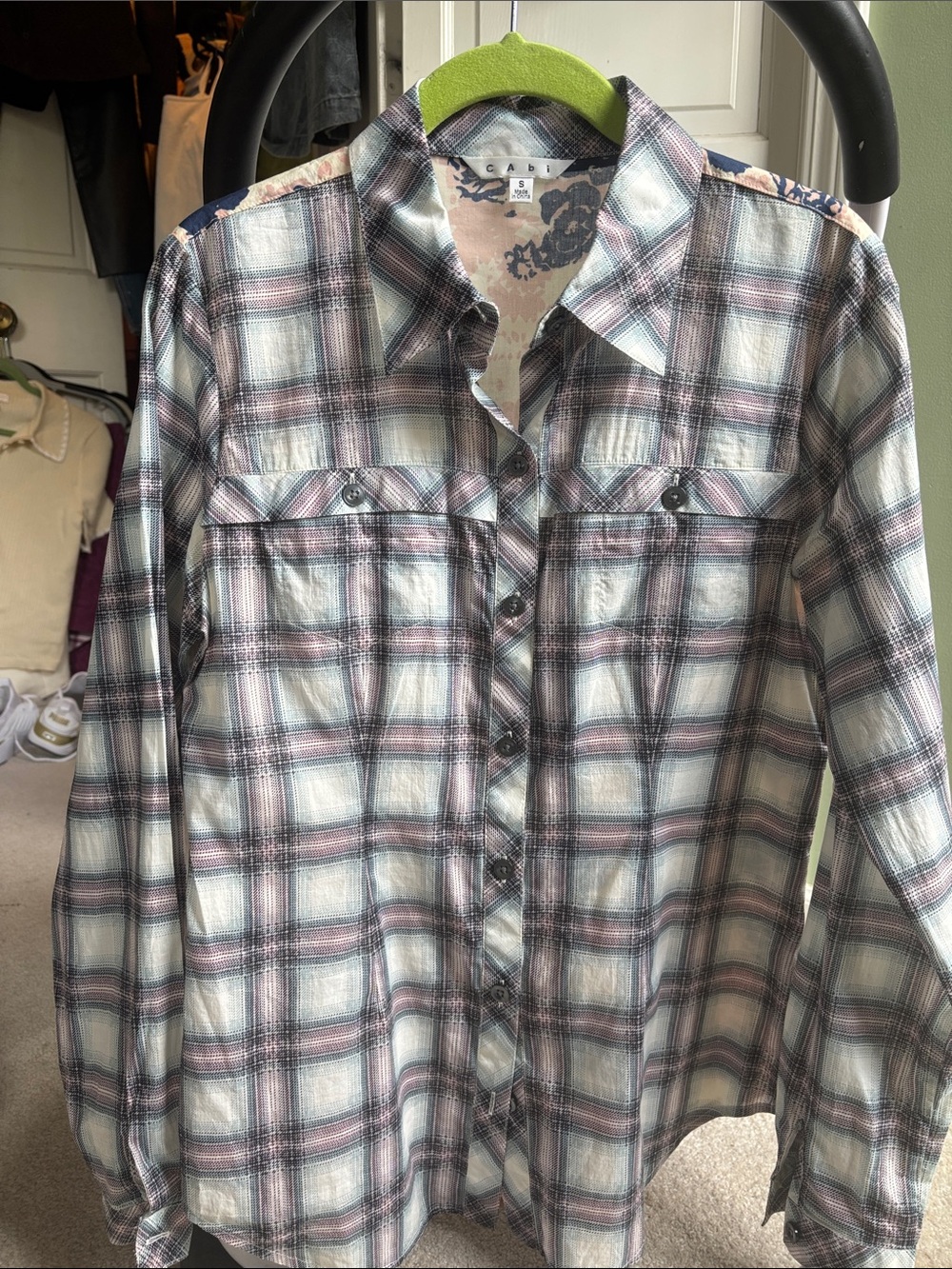 CAbi Plaid Button-Up Blouse in Ivory Pink & Navy Size S